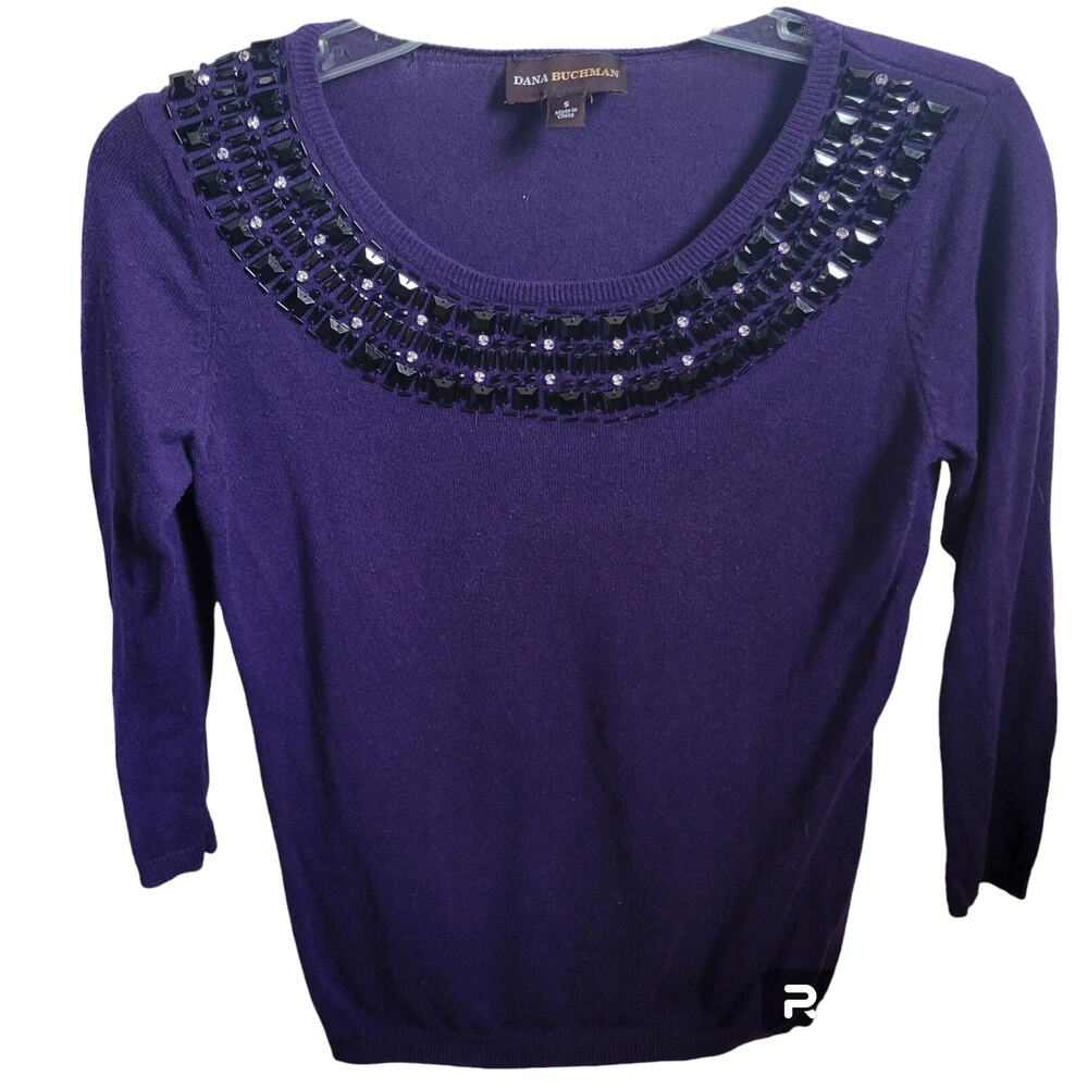 Dana Buchman Women Pullover Shirt Size Small Glam Dark‎ Blue with Black Trim
